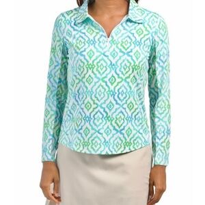 IBKUL Aqua and Lime Geometric Pullover Shirt